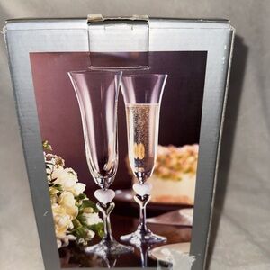 Gorham Crystal Heart Stem Amore Toasting Champagne Flutes - Pair